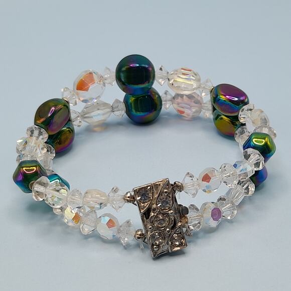 Vintage 1960s AB Crystal Beaded Bracelet, Double Strand, Iridescent Austrian, 7" - Picture 1 of 13